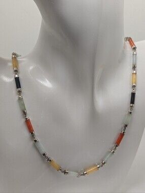 Vintage Multi-Colored Jadeite Sterling Silver Barrel Link Necklace 19"